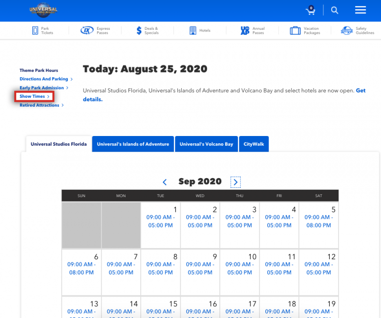 Como ver o horário de funcionamento da Universal. Foto do calendário com horários no site da Universal 