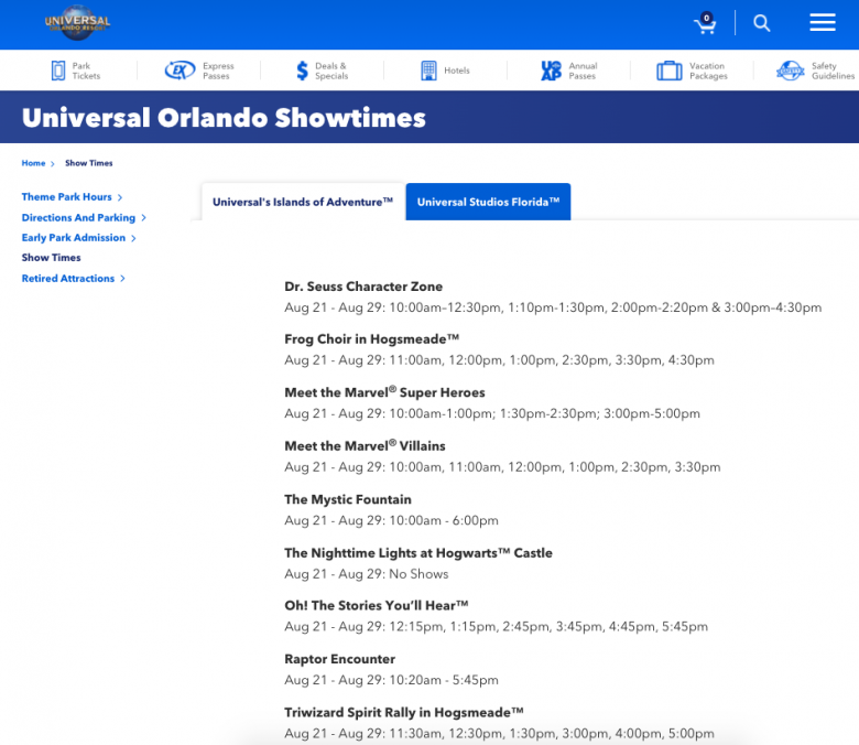 Como ver o horário de shows da Universal. Foto dos horários dos shows no site da Universal 