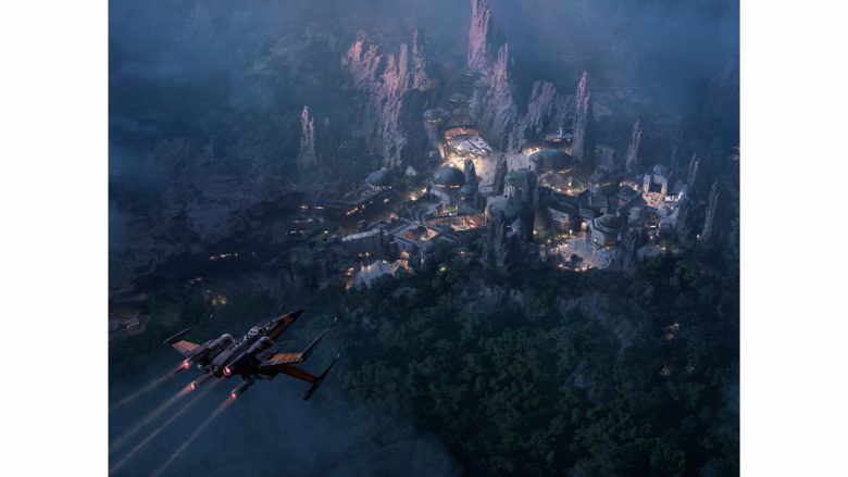 Foto divulgada pela Disney do conceito de como será a Star Wars Galaxy's Edge no Hollywood Studios, com uma nave sobrevoando o local  