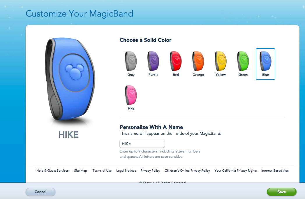Como personalizar a sua MagicBand. Foto do My Disney Experience na seção de personalizar MagicBands, mostrando diversas cores e o local para colocar o nome 