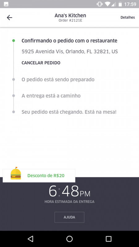 Dá para acompanhar o pedido no aplicativo o tempo todo. O horário estimado de entrega na verdade era 15h48 (pois é, almocei tarde), mas meu celular estava com o horário do Brasil.