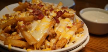 Foto do prato no Outback de Orlando, com as famosas batatas fritas com queijo e bacon