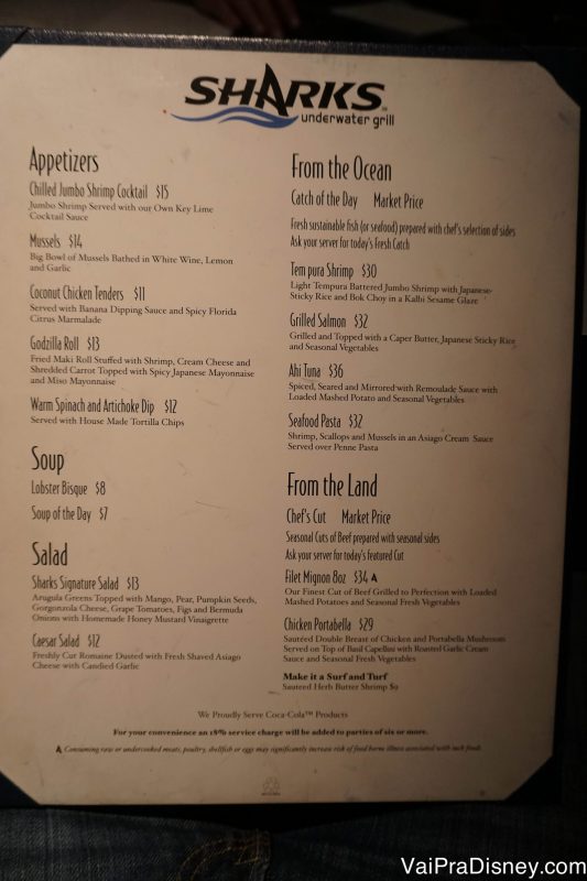 Foto do menu do Sharks Underwater Grill.