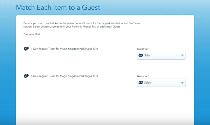 Atribuindo os ingressos no My Disney Experience. Foto da página do site da Disney mostrando como atribuir um ingresso a uma pessoa. 