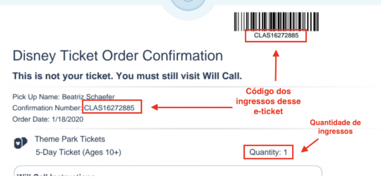 Foto de um ingresso da Disney em e-ticket indicando onde fica o código que deve ser inserido no site. 