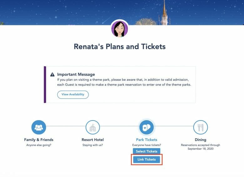 Foto da página do site da Disney mostrando a seção "Link Tickets", que serve para vincular os ingressos à conta. 