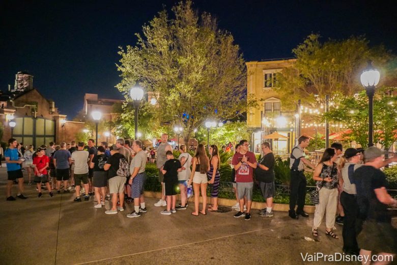 Foto de uma fila em um parque da Disney, durante a noite, com os visitantes bem próximos um do outro. 