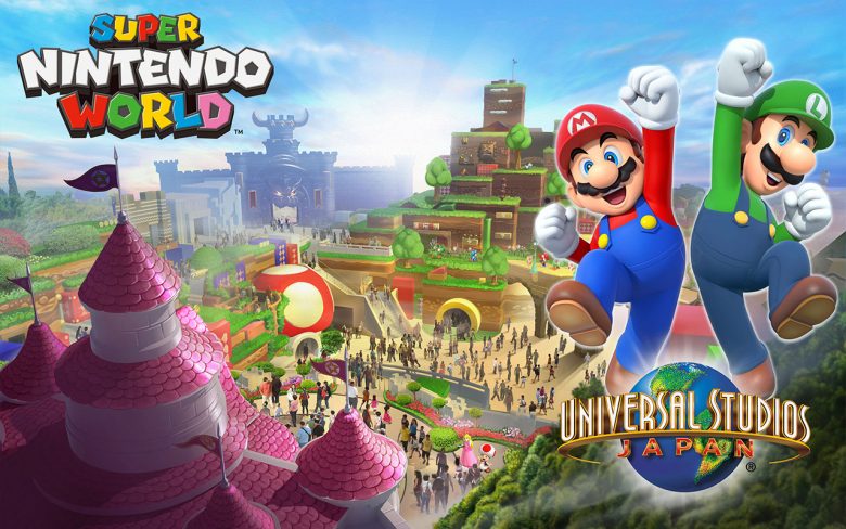 Foto do anúncio da Universal Studios do Japão da área Super Nintendo World, com Mario e Luigi e um desenho de como a área deve ser 