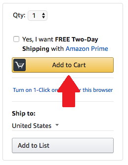 Fazendo suas compras online pela Amazon. Foto da tela no site da Amazon indicando o botão "Add to cart" (Adicionar ao carrinho) 