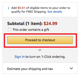 Fazendo suas compras online pela Amazon. Foto da tela no site da Amazon indicando o botão de finalizar compra (Proceed to checkout) 