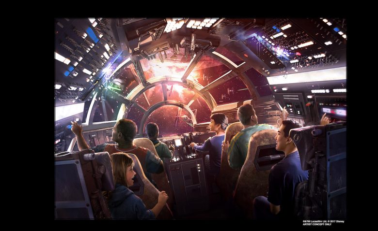 Conceito de como será a atração de Galaxy's Edge, com visitantes pilotando uma nave 