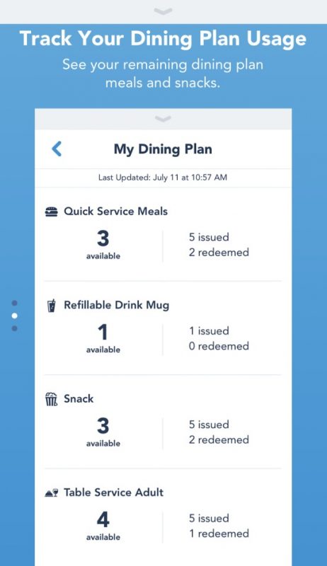 Foto da tela no aplicativo da Disney mostrando o controle dos créditos do Dining Plan que o hóspede pode fazer 