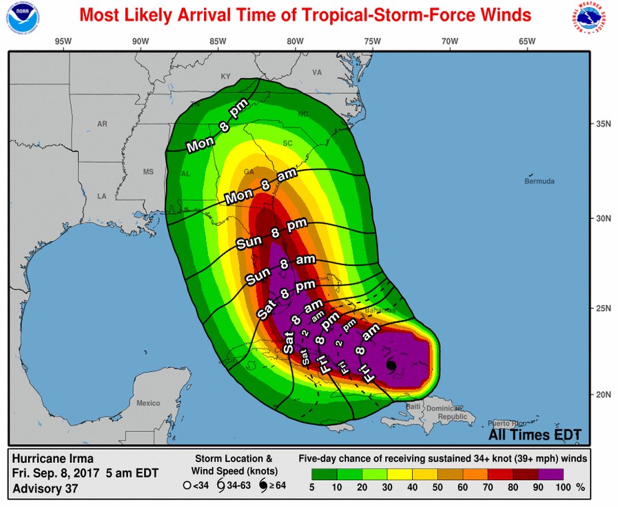 Caminho e intensidade previstos para o Irma, imagem do National Hurricane Center