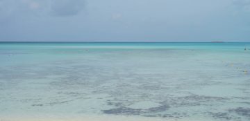 Foto da areia clara e do mar azul turquesa de Serenity Bay, a praia só para adultos na ilha da Disney, Castaway Cay, das Bahamas.