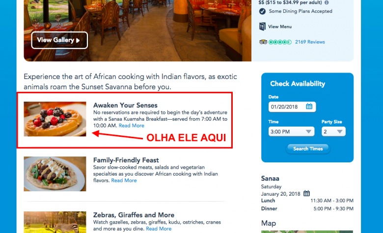 O único lugar que informa a existência desse café da manhã no site da Disney é nessas caixinhas de texto com mais informações sobre o restaurante