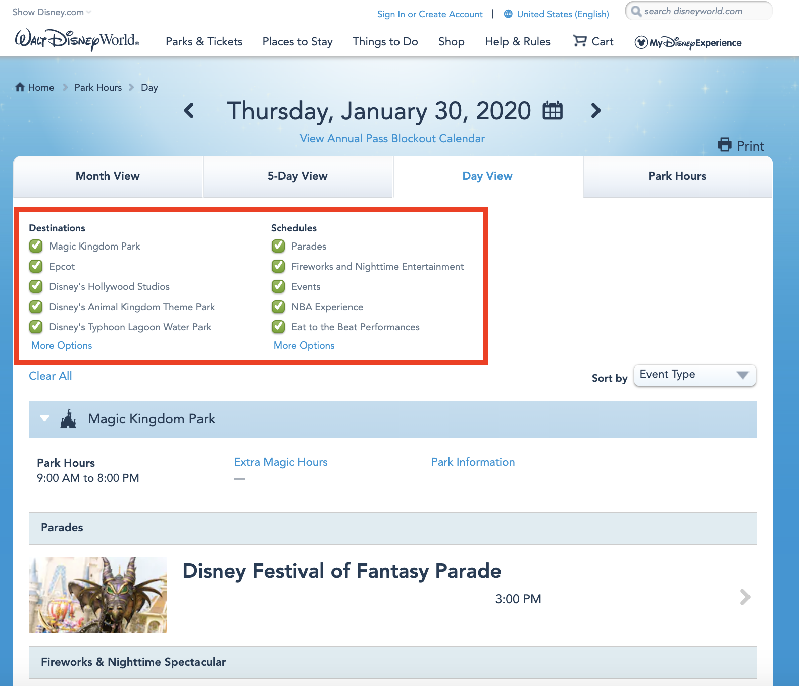 Como verificar a programação completa de um parque da Disney