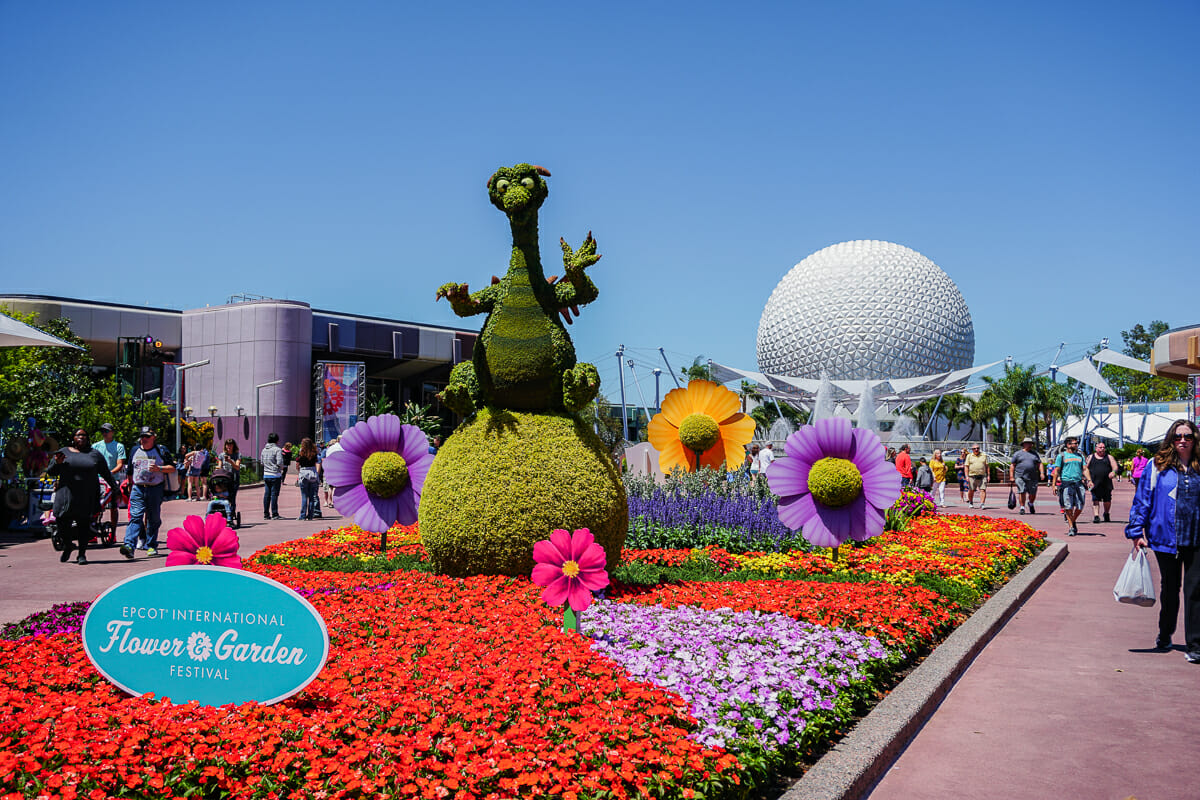 Foto do Flower & Garden no Epcot. É possível ver o céu azul, a bola do Epcot e muitas flores coloridas, assim como uma topiária com a forma do dragão da Malévola.