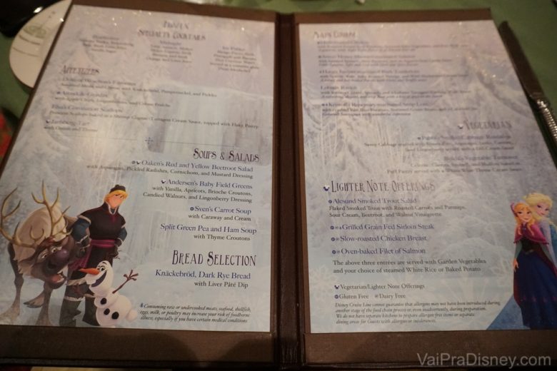 Foto do menu especial de Frozen no jantar.