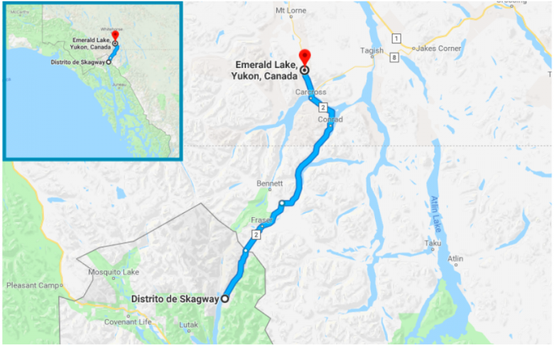 Mapa mostrando o trajeto do Yukon Discovery Tour