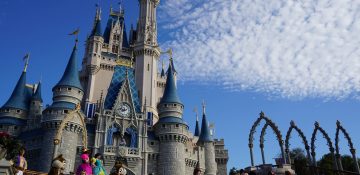Foto do castelo da Cinderela no Magic Kingdom durante o show de abertura do parque, com vários personagens dançando em frente a ele e o céu azul ao fundo.