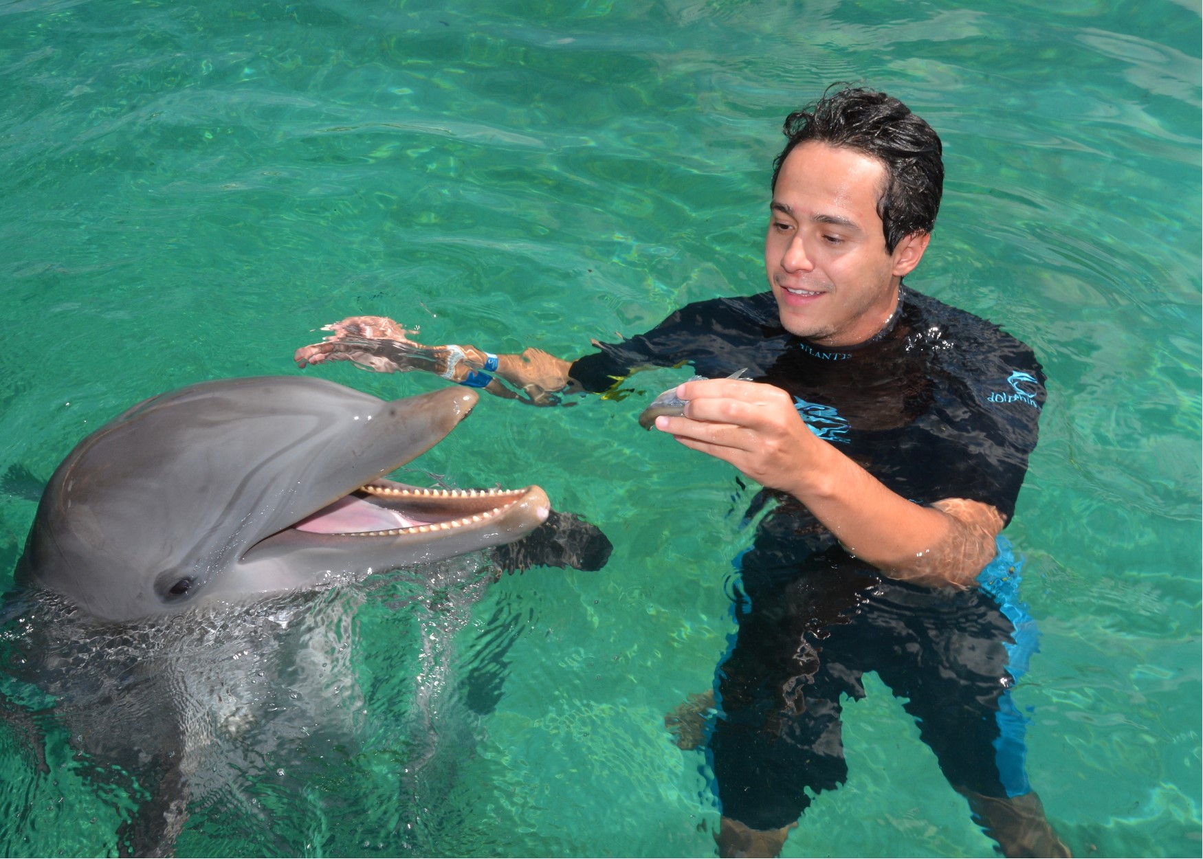 Foto do Henrique com o golfinho durante o cruzeiro da Disney, no Atlantis das Bahamas 