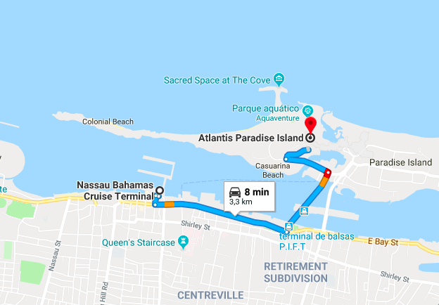 Mapa mostrando que o terminal de cruzeiros fica no centrinho da cidade, e o Atlantis em uma ilha separada.