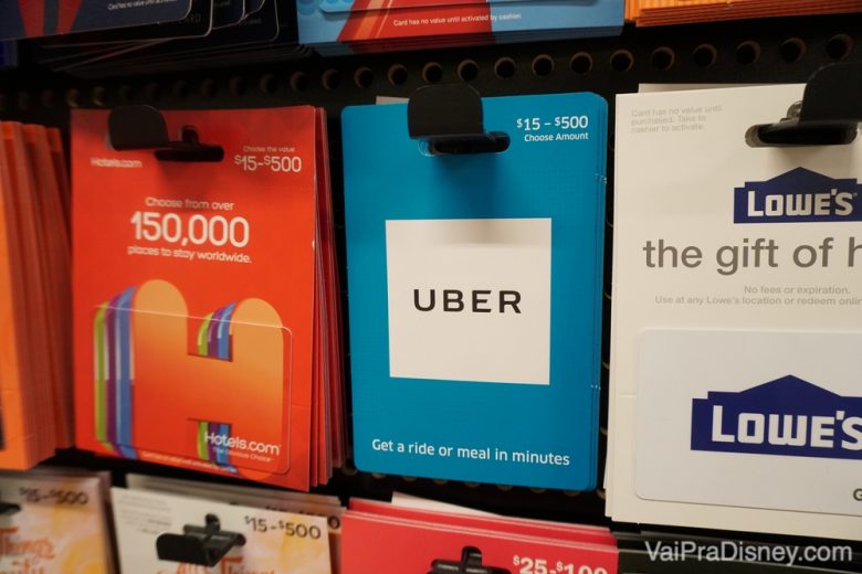 Gift card do Uber, encontrado em vários supermercados de Orlando.