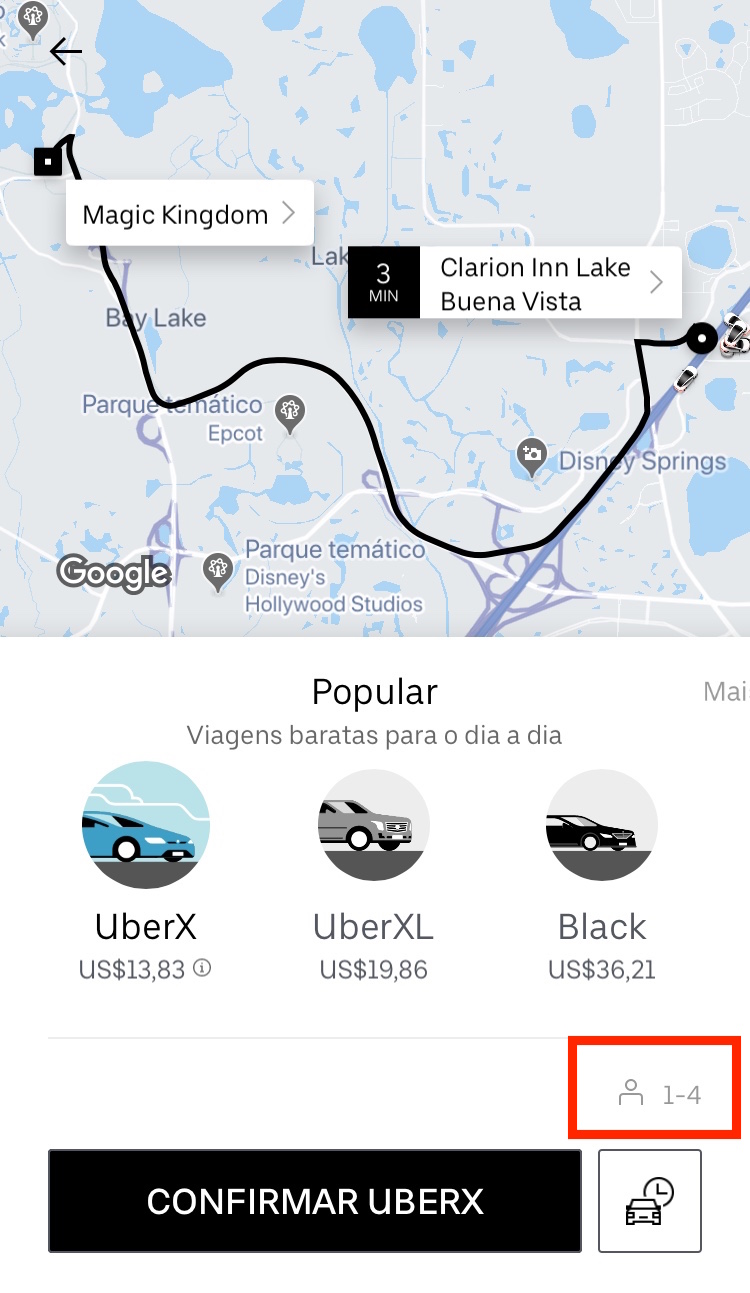 O Uber X é o mais barato, mas fique atento à capacidade de passageiros: até 4 pessoas. O XL cabe até 6, mas é mais caro