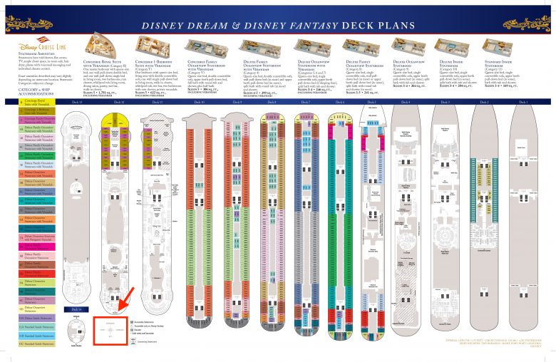 Exemplo do mapa do Disney Dream e Disney Fantasy. No cantinho esquerdo tem bem pequeno a indicação das direções. Fica tranquilo que eu ampliei essa imagem pra você! 