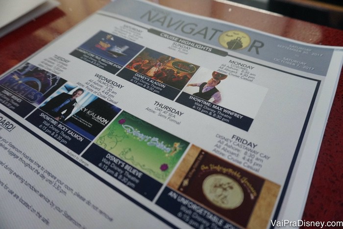 Sempre olhe as informações do Personal Navigator para saber de tudo que está acontecendo no navio. Foto do folheto Personal Navigator, que informa as programações do navio da DIsney