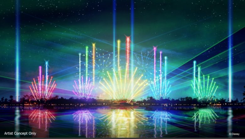 Conceito do novo show de fogos Epcot Forever, mostrando fogos em diversas cores ao redor do lago 