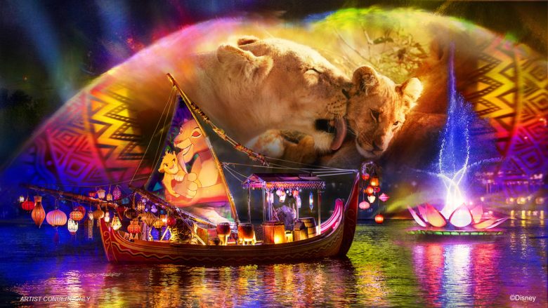 Foto de divulgação do show noturno do Animal Kingdom, o Rivers of Light. A imagem mostra um barco iluminado no lago e projeções no céu, mostrando uma cena do filme O Rei Leão. 