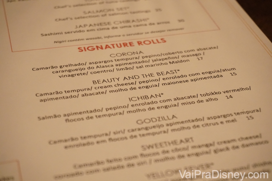 O cardápio de Signature Rolls do Seito