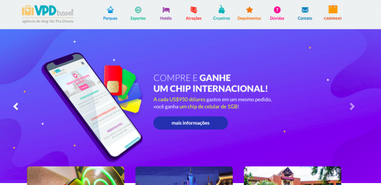 Foto da tela do site VPD Travel com a promoção de chip de celular 