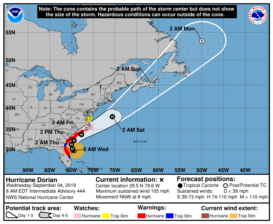 Relatório do NHC das 8h do dia 4 de Setembro sobre as áreas de passagem do Furacão Dorian 