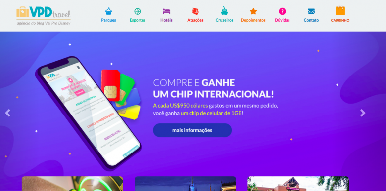 Foto do site VPD Travel anunciando a promoção de chip de celular 