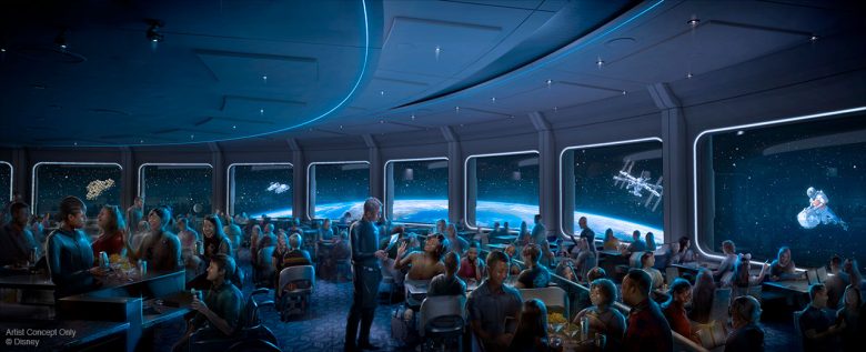 Protótipo do novo restaurante com tema espacial ao lado do Mission Space, em que os visitantes parecem estar dentro de uma nave, com janelas amplas e vista para o espaço. 