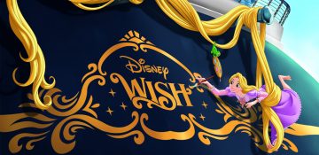 Conceito do novo navio da frota da Disney Cruise Line, com um desenho da Rapunzel escrevendo seu nome com um pincel em amarelo - Disney Wish