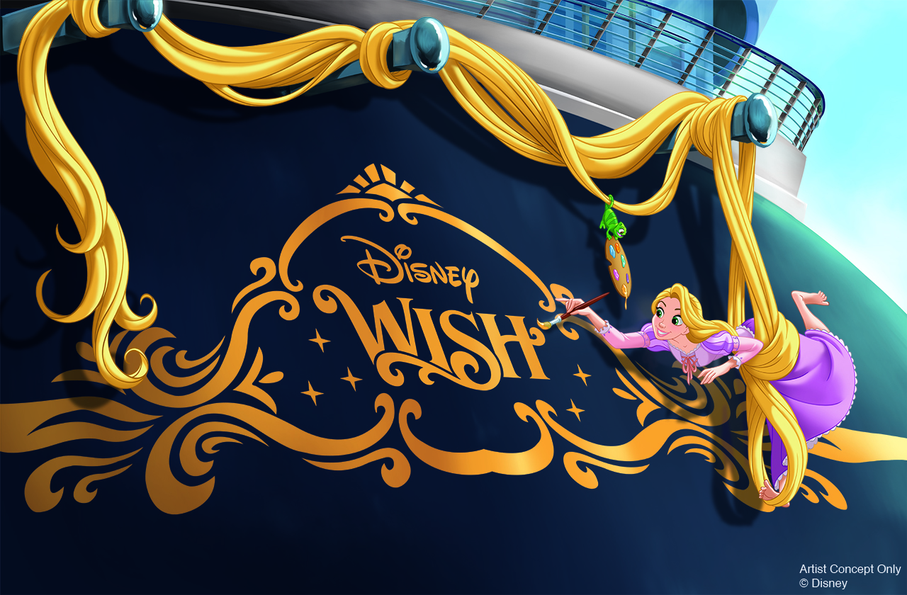 Conceito do novo navio da frota da Disney Cruise Line, com um desenho da Rapunzel escrevendo seu nome com um pincel em amarelo - Disney Wish 