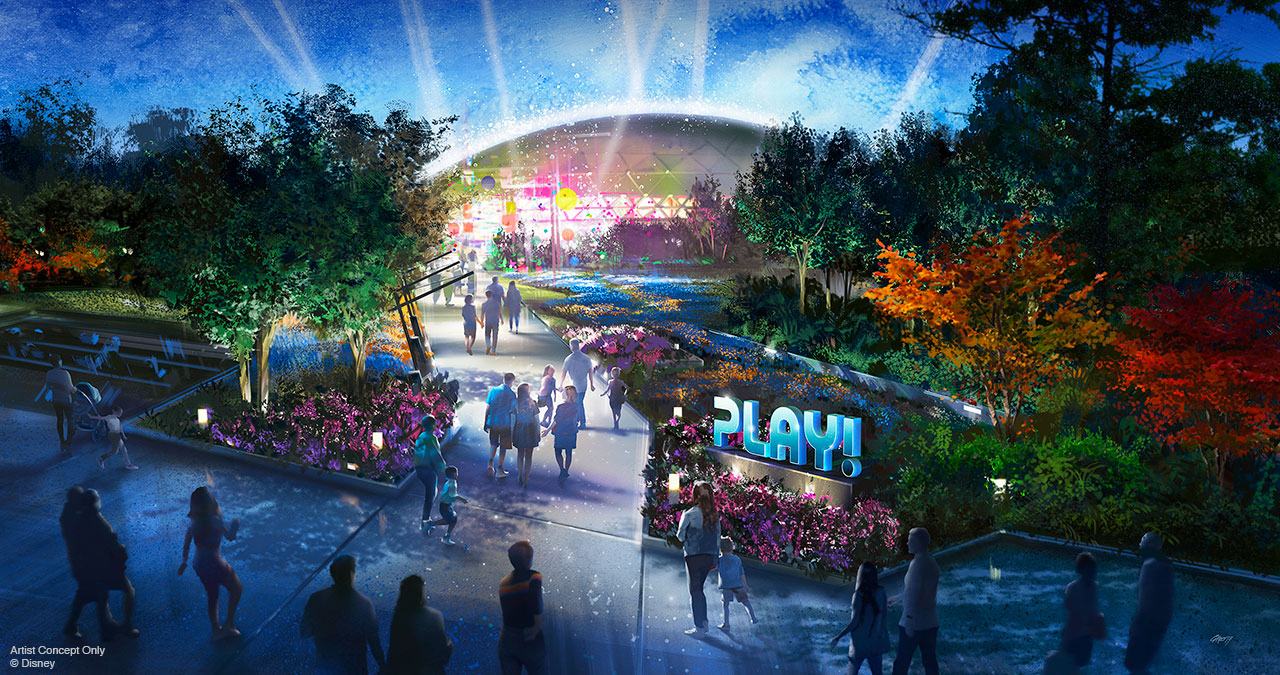 Protótipo do Play Pavillion, que será uma cidade interativa. Na imagem há luzes, a palavra "play" iluminada e um palco colorido. 