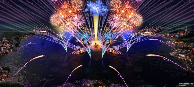 Foto de um show de fogos em um lago, ilustrando como deve ser o novo show de fogos que chega ao Epcot em 2020, o HarmonioUS