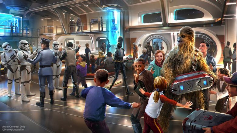 Imagem do projeto do novo hotel de Star Wars por dentro, com crianças interagindo com o Chewbacca e stormtroopers ao fundo 