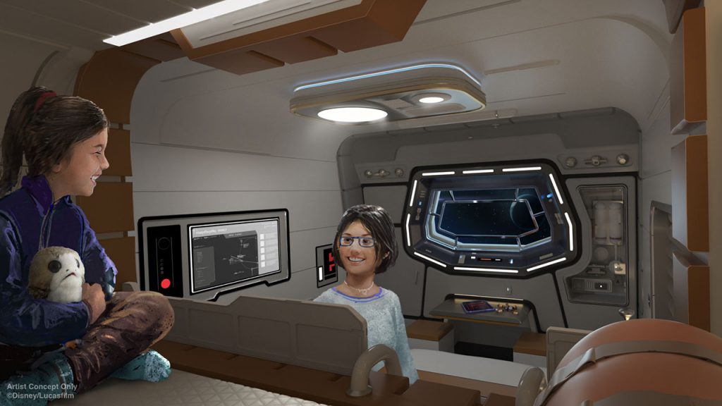 Imagem do projeto do novo hotel de Star Wars por dentro. O interior do quarto é baseado em uma nave espacial, e a imagem mostra duas crianças no quarto, com painéis e luzes ao fundo.