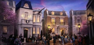 Projeto de uma das novas atrações anunciadas na D23, da Mary Poppins, trazendo a rua das cerejeiras para dentro do Epcot. A imagem mostra as casas de Londres, as cerejeiras e os visitantes observando.