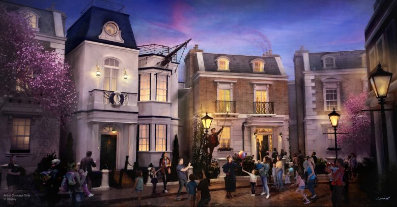 Projeto de uma das novas atrações anunciadas na D23, da Mary Poppins, trazendo a rua das cerejeiras para dentro do Epcot. A imagem mostra as casas de Londres, as cerejeiras e os visitantes observando. 