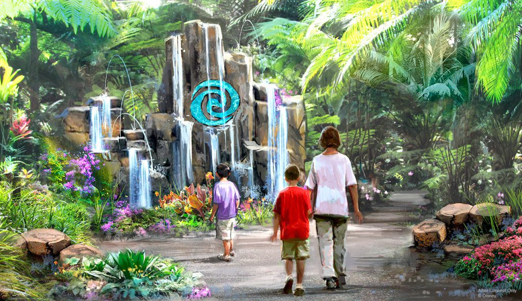 Protótipo da nova atração Journey of Water do Epcot, que mostra uma cachoeira rodeada de vegetação 