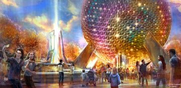 Foto de divulgação da Disney, com a Bola do Epcot iluminada com luzes coloridas e visitantes em volta.