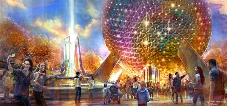 Foto de divulgação da Disney, com a Bola do Epcot iluminada com luzes coloridas e visitantes em volta.