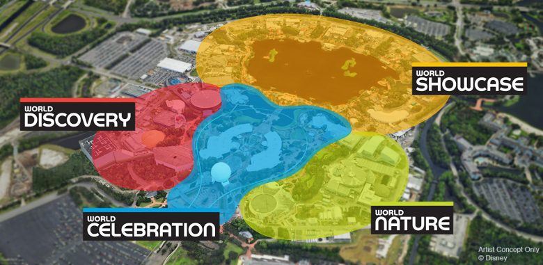 Imagem do mapa do Epcot, após as mudanças planejadas pela Disney. Ele está dividido em áreas de cores diferentes: World Discovery (vermelho), World Showcase (amarelo). World Nature (verde) e World Celebration (azul) 