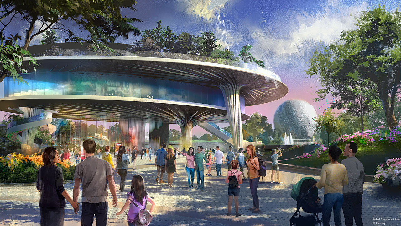 Protótipo de como será o novo pavilhão de 3 andares do Epcot, com a bola ao fundo e visitantes passando. 